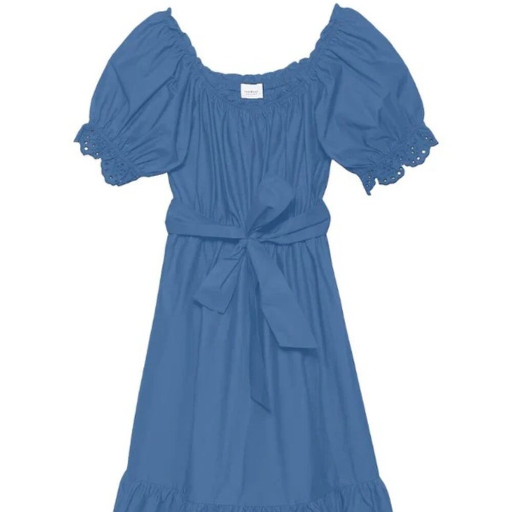 SUNDAYS SOLID BLUE EYELET DETAIL OFF THE SHOULDER MAXI DRESS